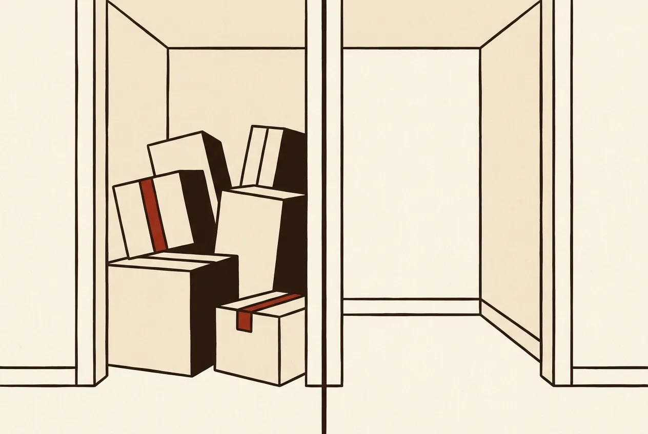 Illustration of one room split down the middle, cluttered boxes on the left and the same space swept clean on the right, divided by a painted seam line.